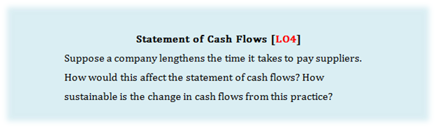 Statement of Cash Flows [LO4] Suppose a company lengthens the time it takes to pay suppliers. How would this affect the statement of cash flows? How sustainable is the change in cash flows from this practice?