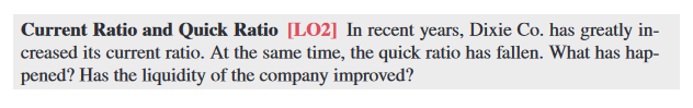 In recent years, Dixie Co. has greatly increased its current ratio. At the same time, the quick ratio has fallen